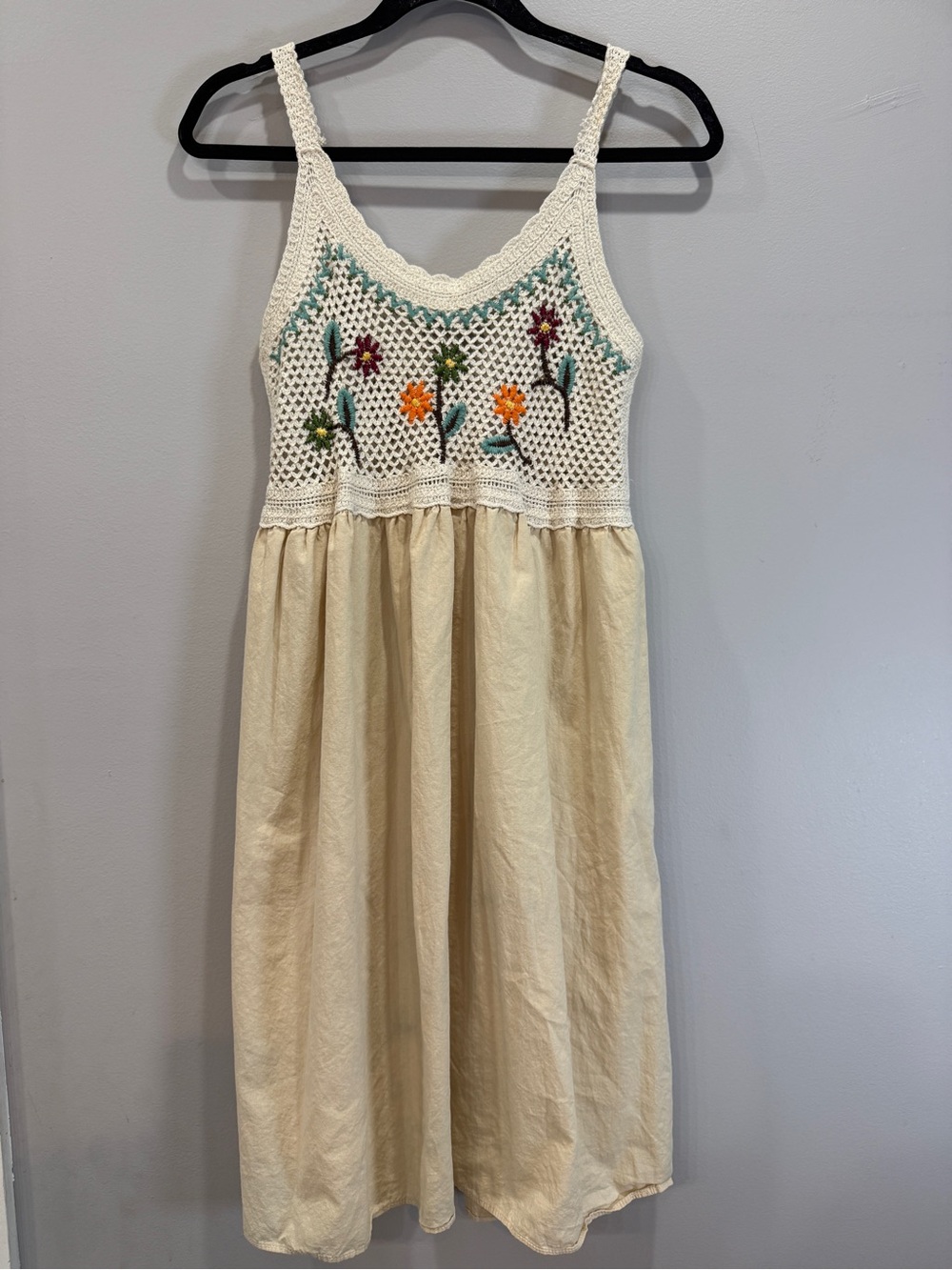Cream Crochet Bodice Midi Dress with Multicolor Floral Detail
